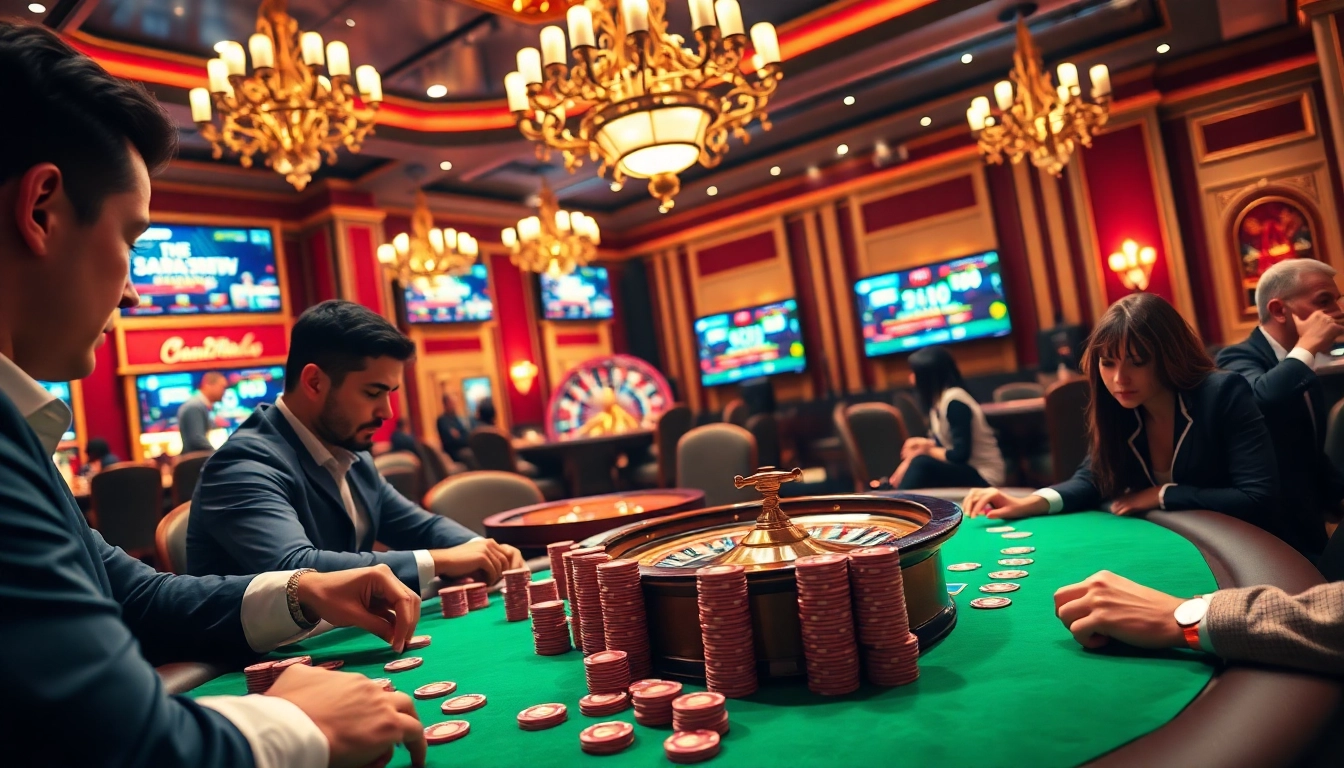 Experience the thrill of jun88 phiên bản 2 as players engage in a high-stakes poker game surrounded by vibrant casino aesthetics.