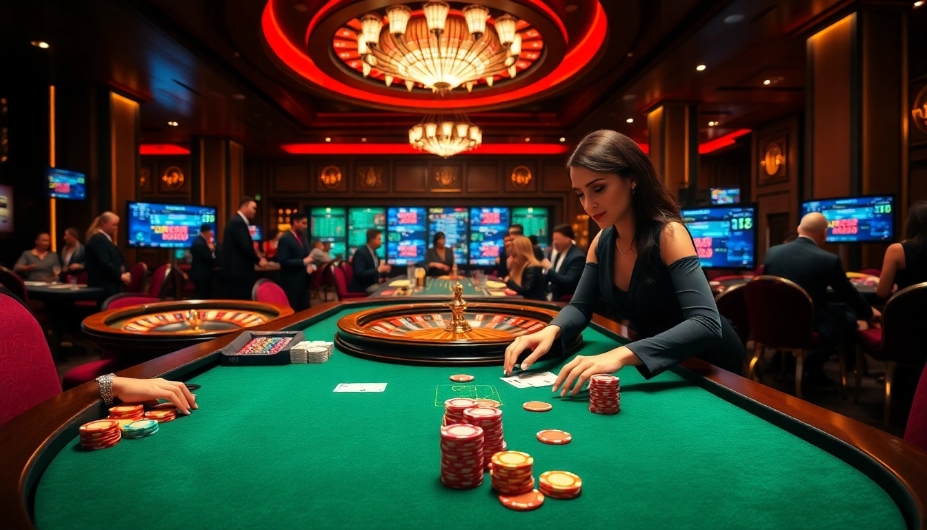 A thrilling casino scene showcasing dom88.us.com with attractive dealers, vibrant poker tables, and exhilarated players.