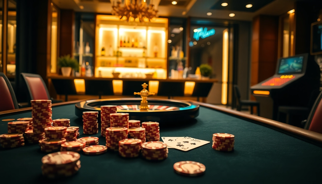 Poker action at a luxurious table with chips and cards representing https://tr88.bio/ gaming excitement.