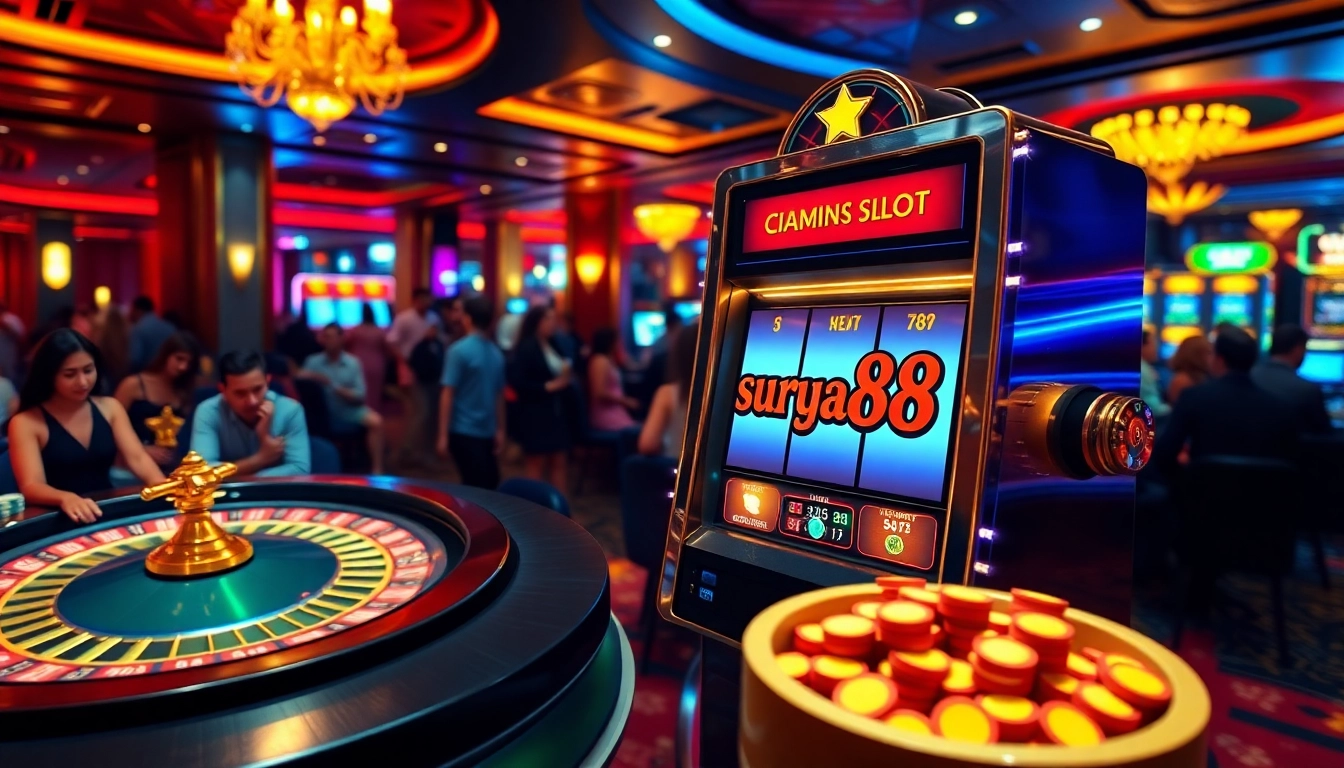 Putar gulungan mesin slot surya88 di lingkungan kasino yang hidup, menampilkan kemewahan dan kegembiraan.