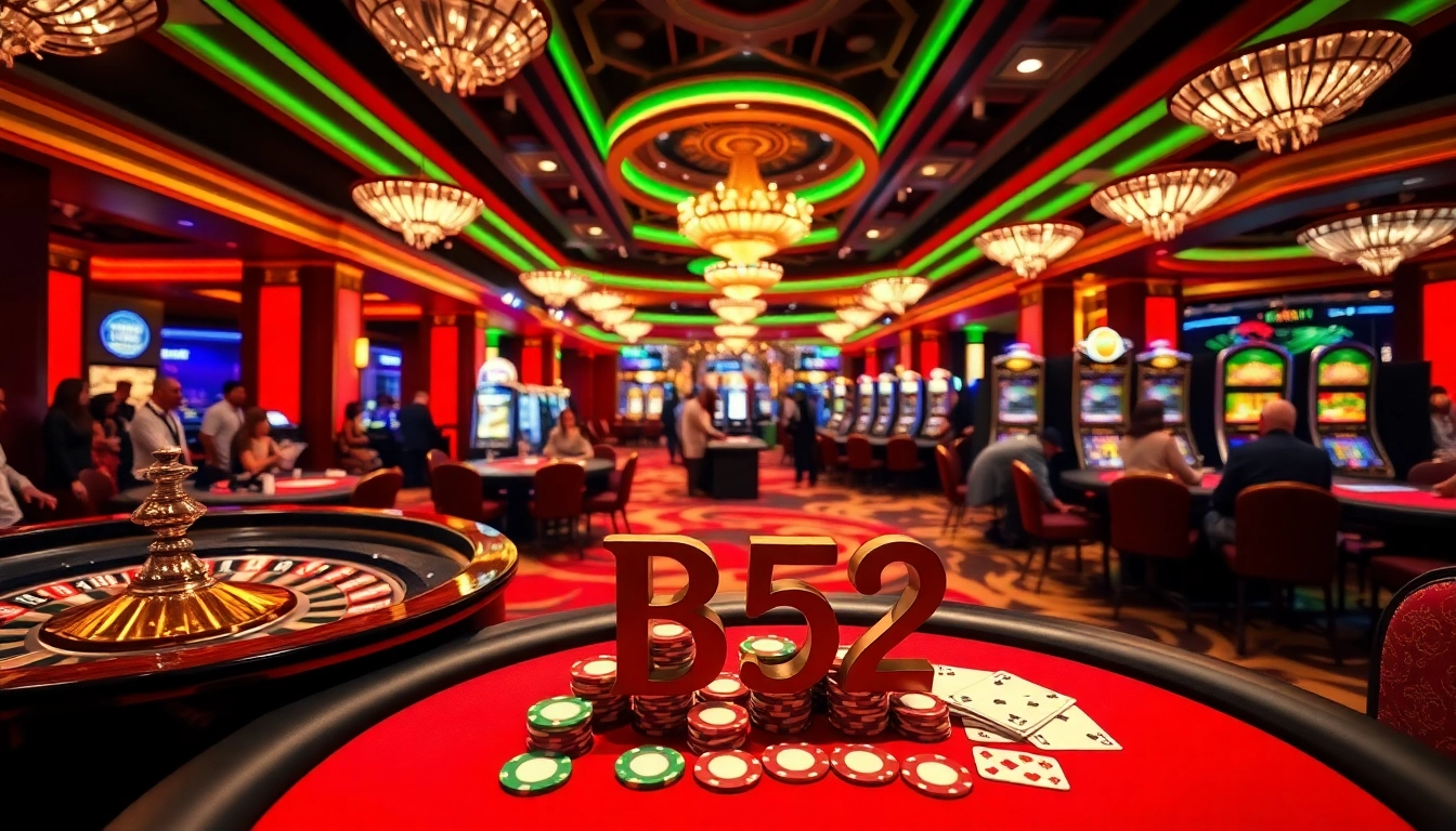 Exciting B52 casino scene with gaming tables, players, and vibrant decor showcasing high-stakes action.
