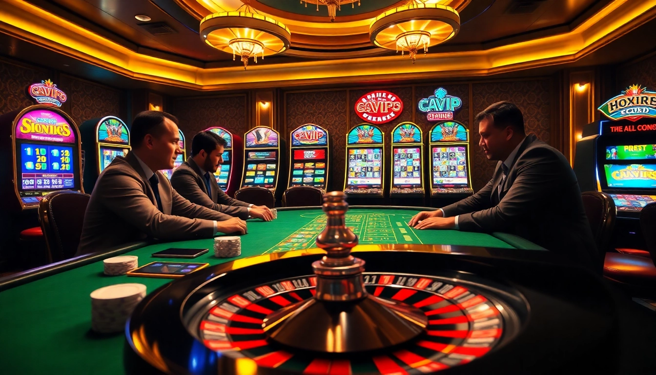 A vibrant casino scene at 68VIP.COM featuring poker tables and spinning roulette wheels, showcasing the excitement of online gambling.