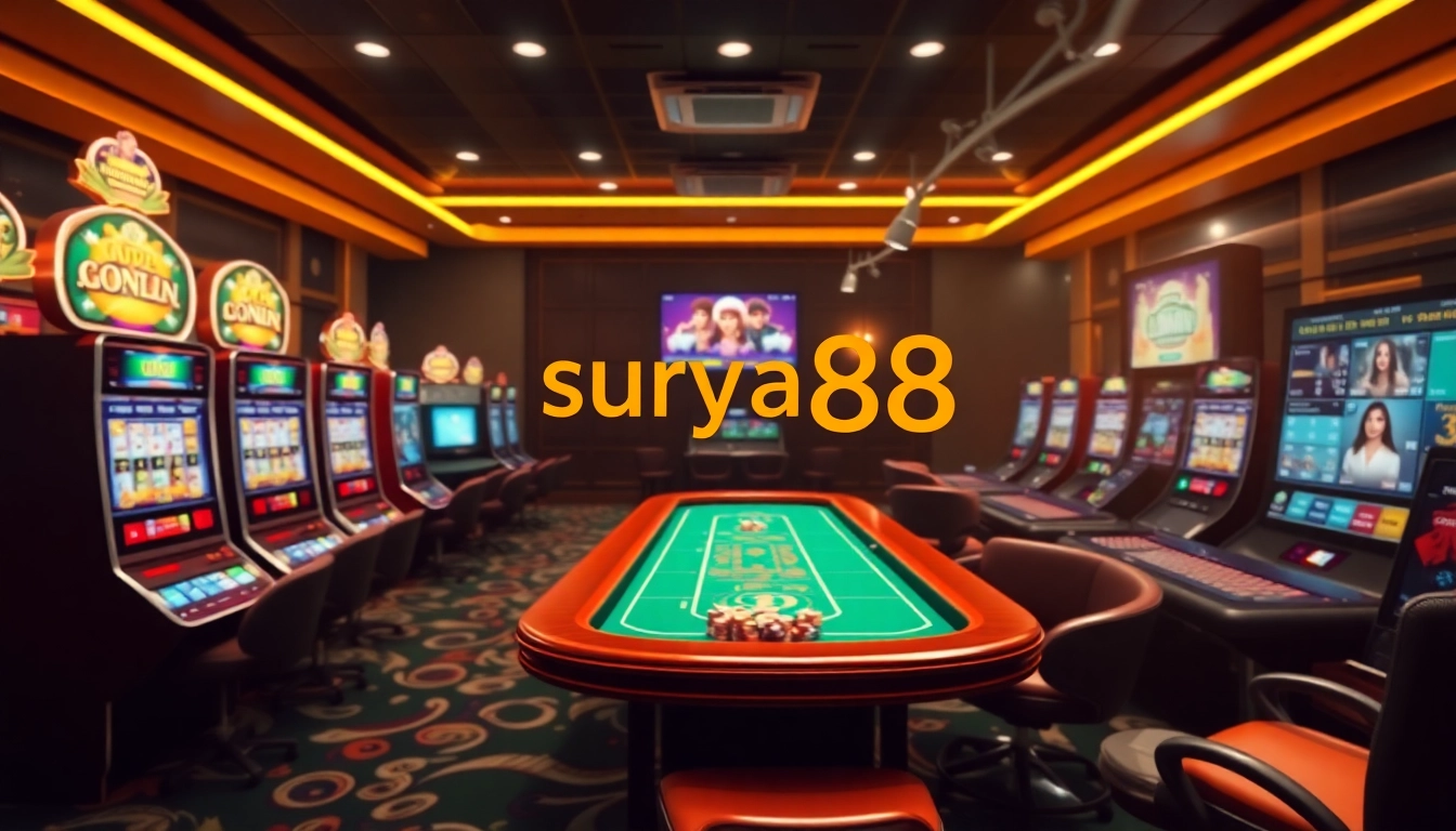 Suasana permainan yang mendebarkan dengan logo surya88 dan slot serta meja poker yang cerah.