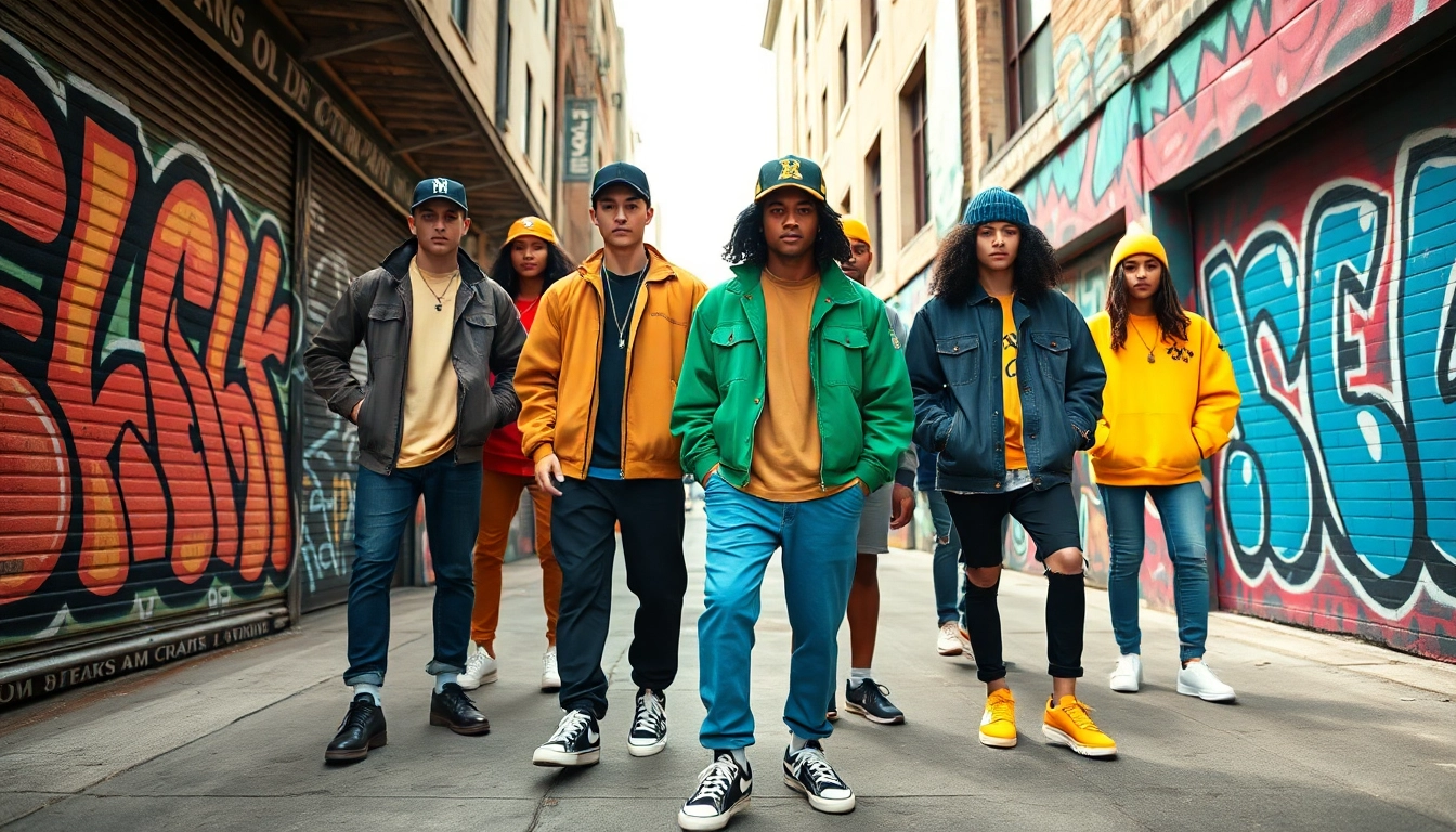 Trendy models showcase vibrant streetwear clothes in an urban setting.