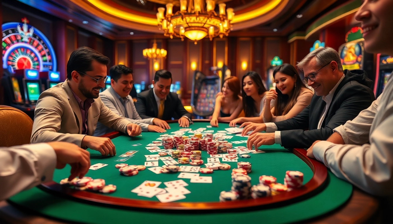 Players enjoying intense gameplay at a trusted game bài đổi thưởng uy tín table with poker chips and cards.