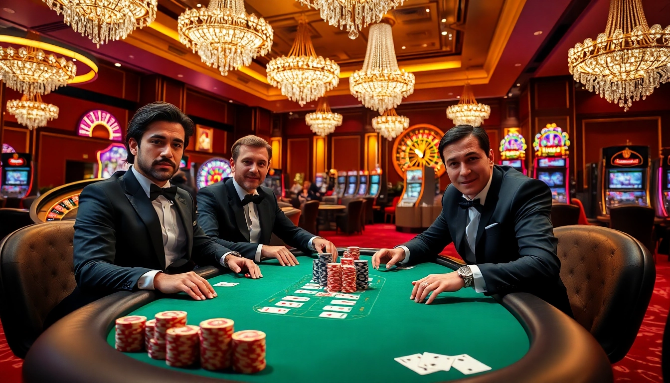 KONG88 players engaging in thrilling poker action at a luxurious casino table with vibrant chips.