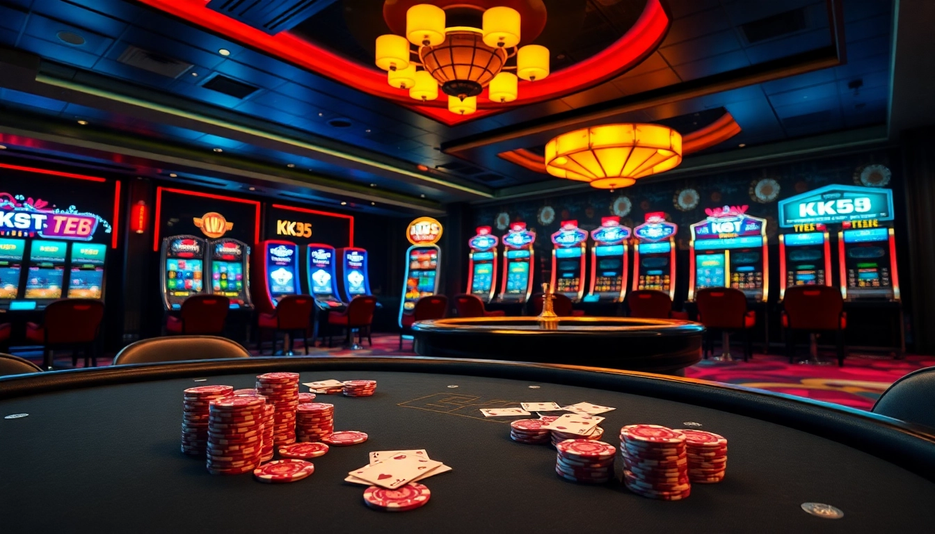 Experience high-stakes poker action at KK55 casino with vibrant chips and cards.