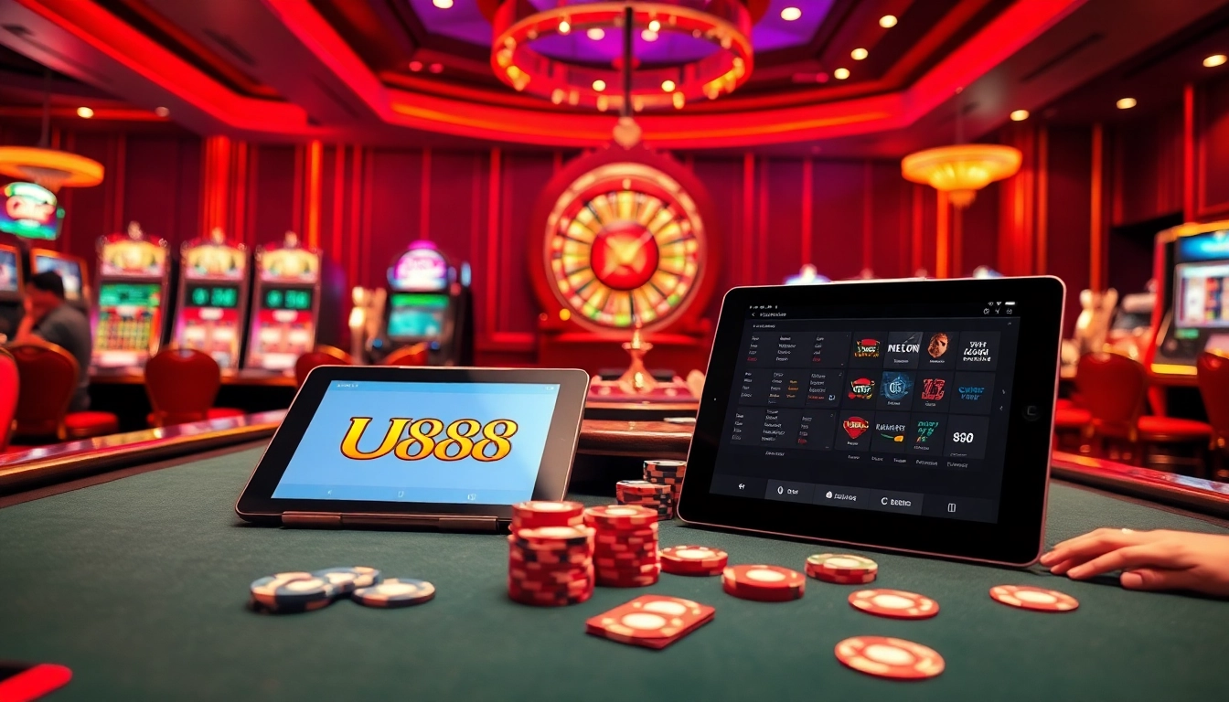 Engage with UU88 in a dynamic casino setting featuring poker tables, roulette wheels, and vibrant slot machines.