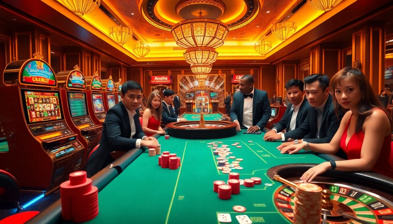 Excitement in a high-stakes game at https://lc88.bio/ showcasing vibrant casino tables and immersive gambling experience.